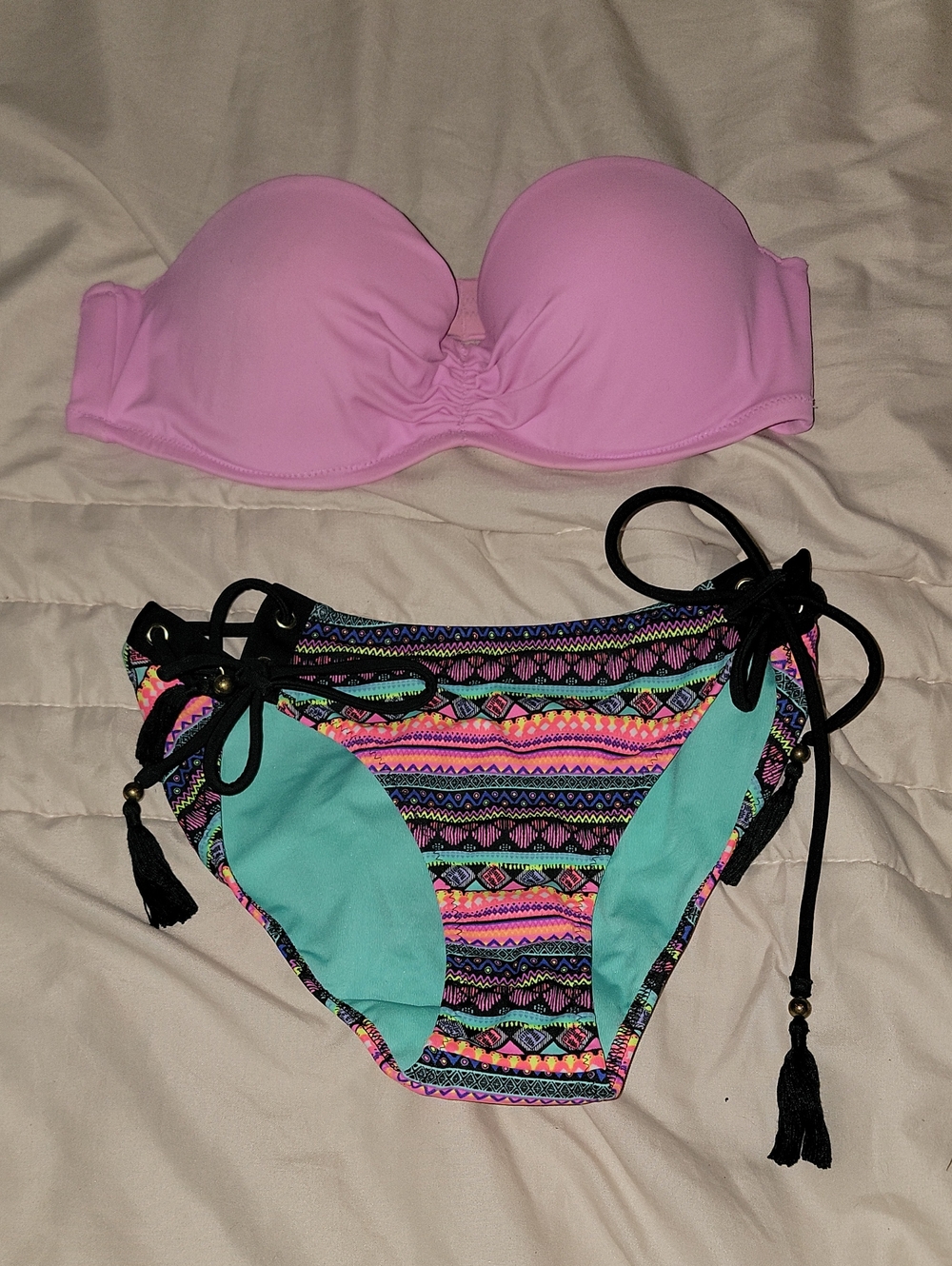 Pink Strapless Bikini Top with Multicolor Pattern Side-Tie Bottom